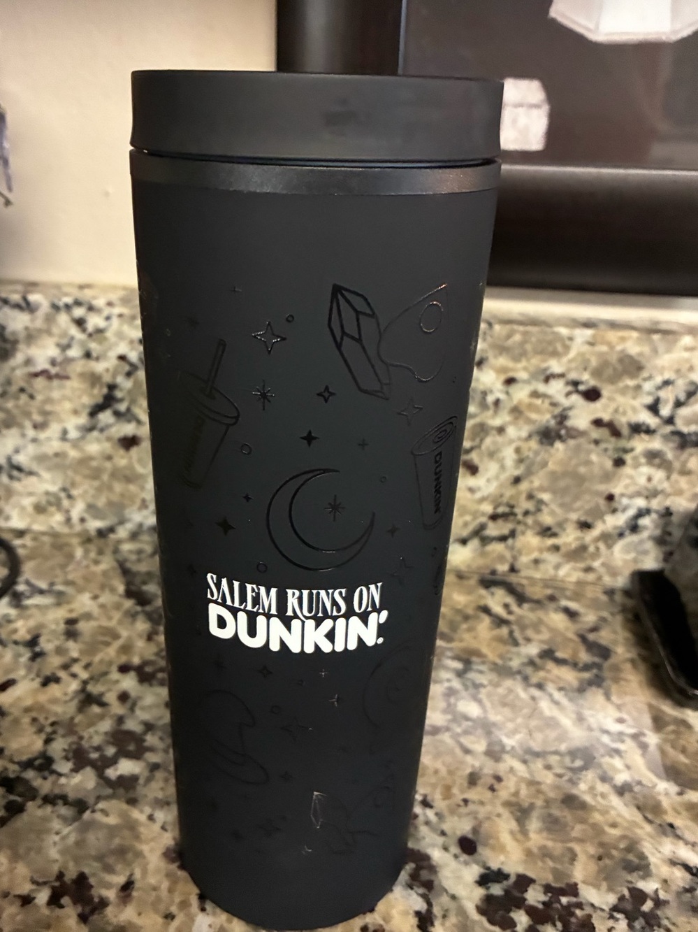 New: Salem Runs On Dunkin Black Travel Tumbler